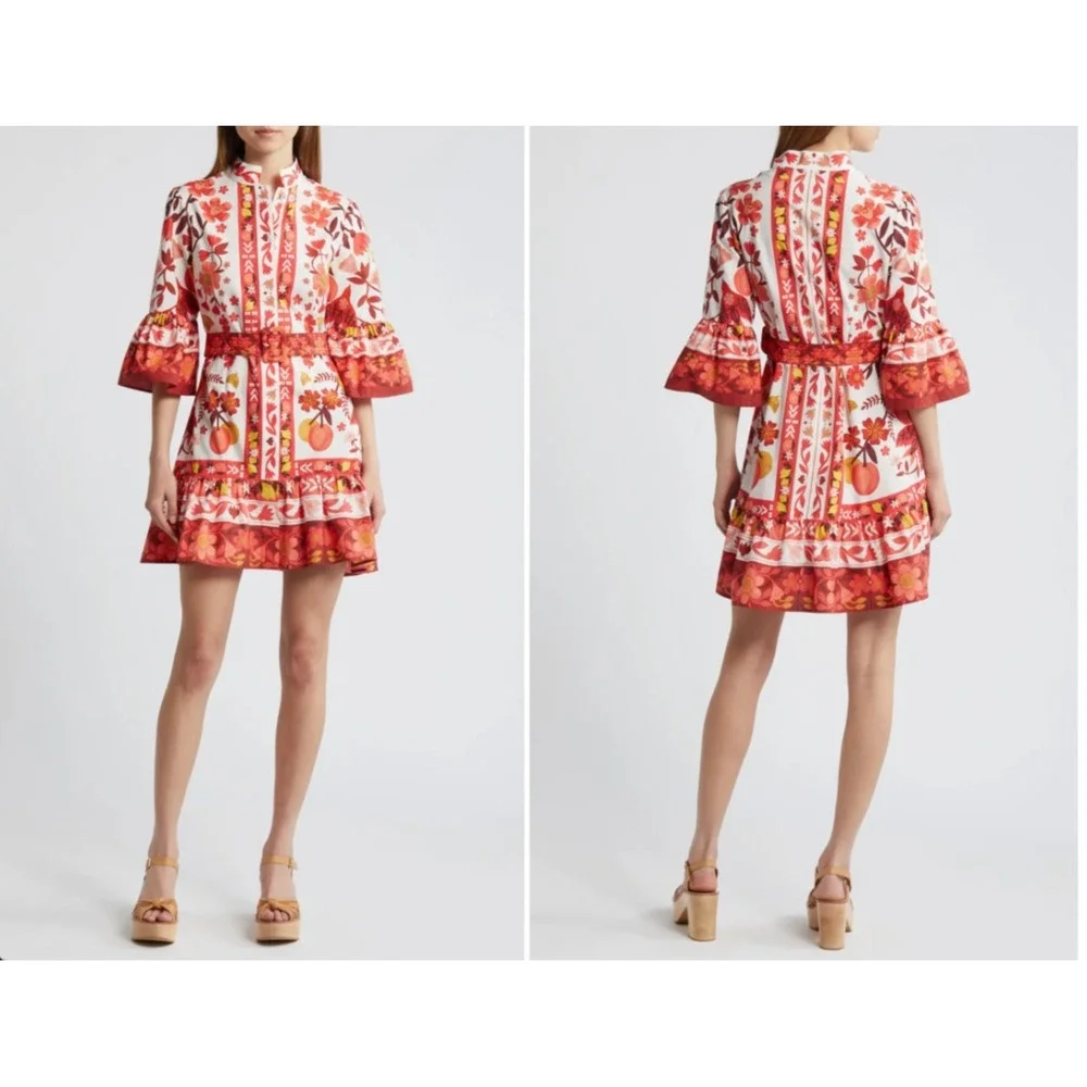 Farm Rio Dress Womens XS Romantic Orchard‎ Mini Red Boho Vacation Tropical